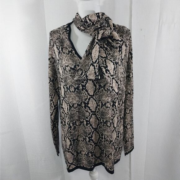 NWOT! CHICO'S! RICH BLACK & GOLD METALLIC SNAKESKIN KNIT NECKTIE SWEATER! SZ L - Picture 5 of 11